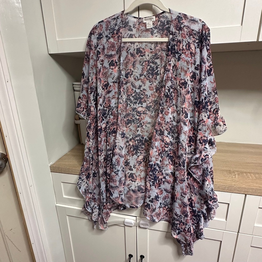Motherhood Kimono Wrap Women OS Blue Pink Floral Sheer Ruffle Maternity Layering